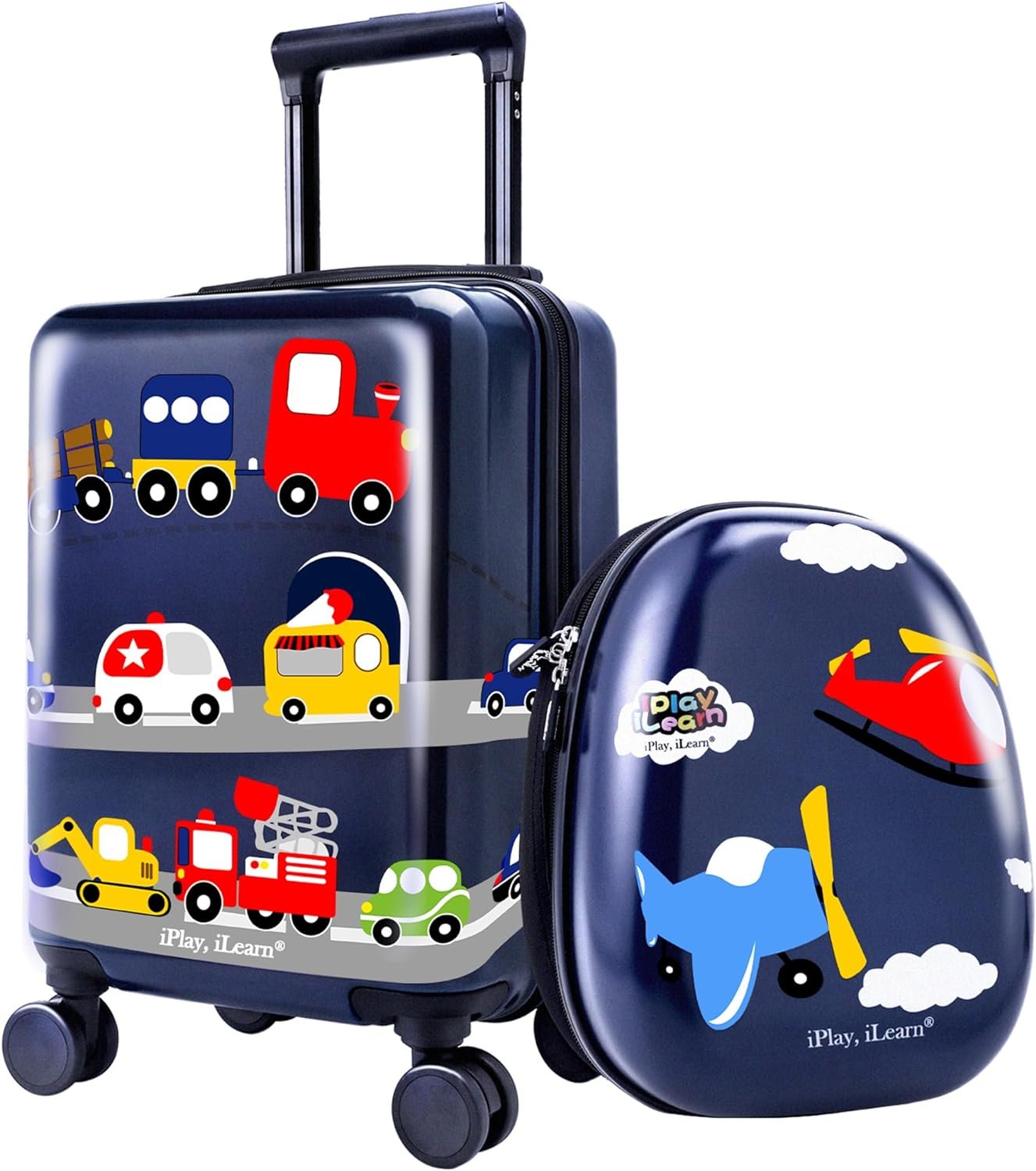iPlay, iLearn Kids Carry On Luggage Set, 18" Hardside Rolling Suitcase W/Spinner Wheels, Hard Shell Travel Luggage W/Backpack for Boys Toddlers Children