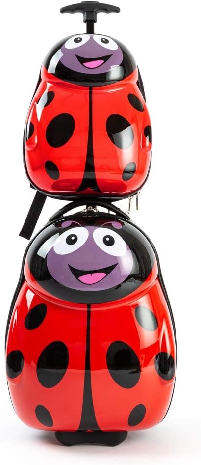 KIDDIETOTES Kids Carry-on Upright Luggage Suitcase and Backpack Set - Smooth Rolling Wheels - Ladybug