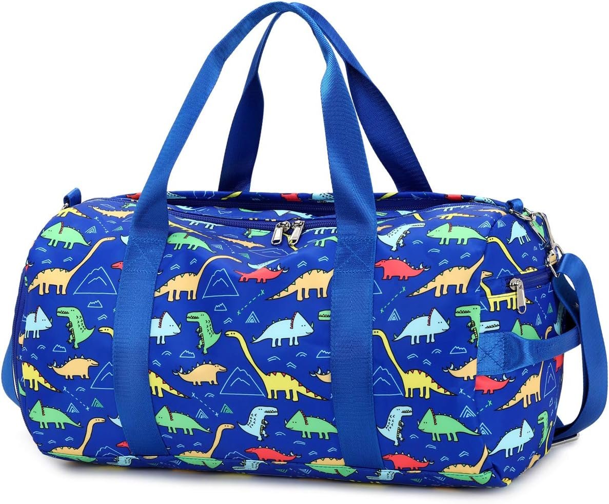 CAMTOP Kids Duffel Overnight Bag Boys Girls Weekender Carry-On Personalized Tote for Travel Gym Sport (Dinosaur-Dark Blue)