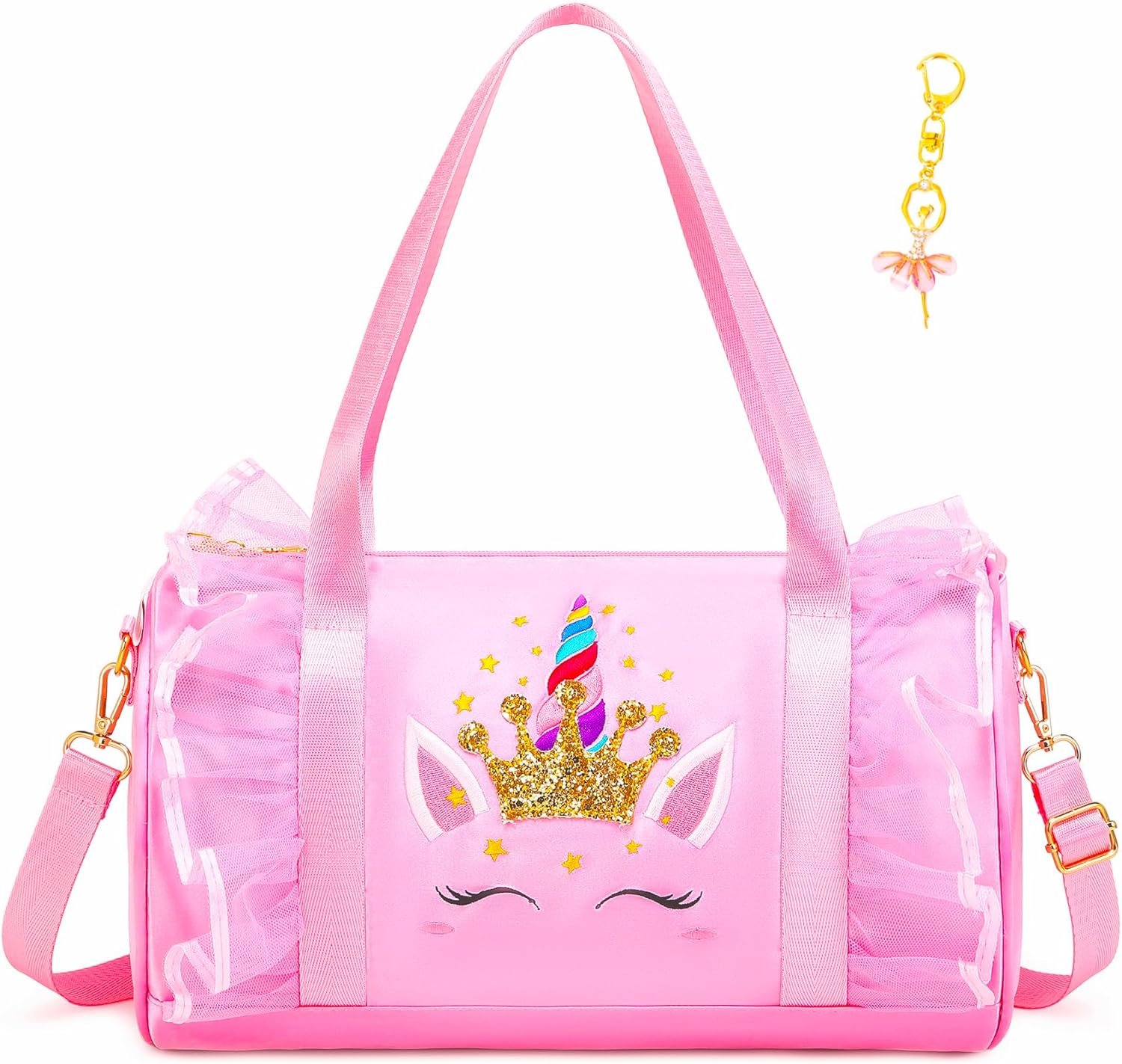 Dorlubel Cute Ballet Dance Bag Gym Travel Duffle Bag for Girls Tutu Dress Bag with Key Chain for Girls (Pink4 of Long Mesh)