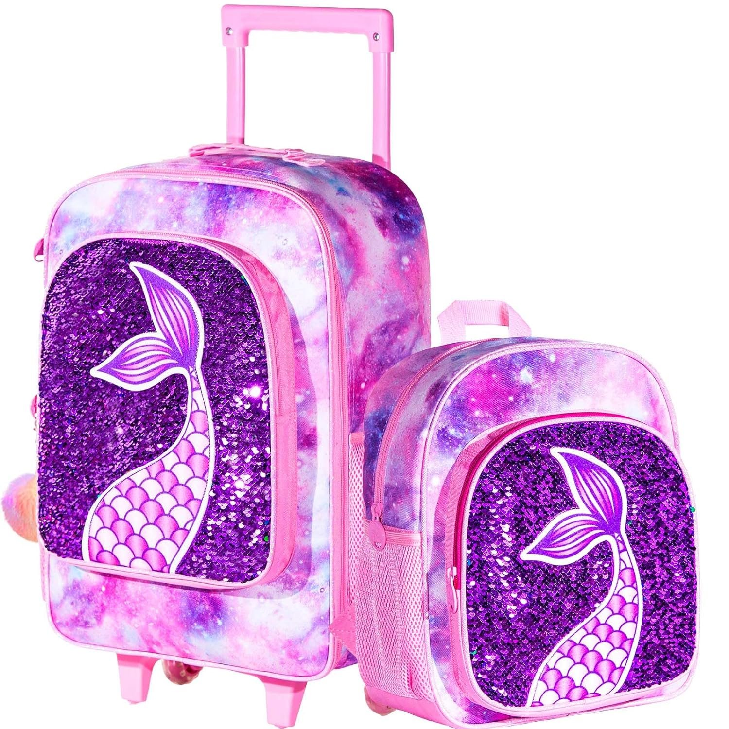 2PCS Kids Luggage, Suitcases for Girls, Carry on Rolling Luggage with Wheels, 18" Toddler Suitcase Set 12" with Sequin Backpack - Pink Mermaid