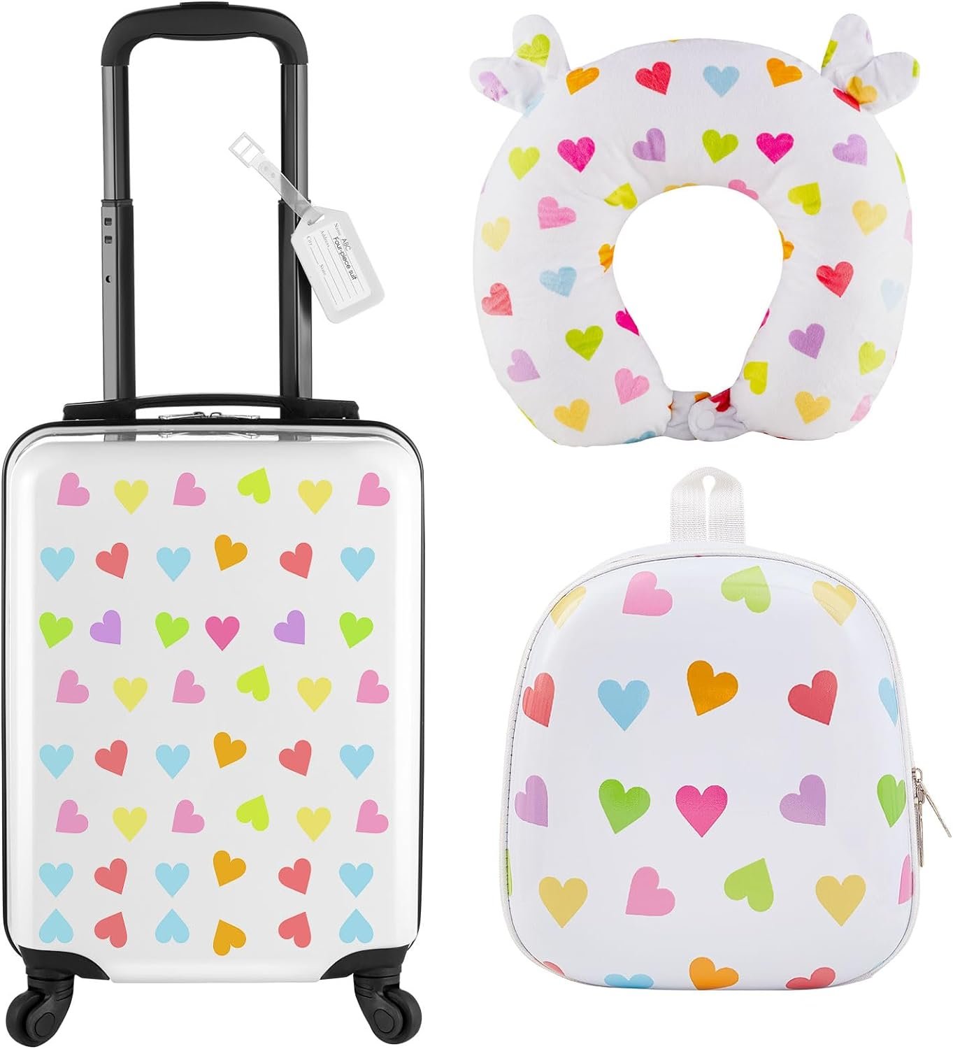 Sanwuta 4 Pieces Heart Luggage for Girls 17 Inch Kids Rolling Luggage White Travel Rolling Suitcase with Wheels Kids Luggage Set with Backpack Neck Pillow Name Tag