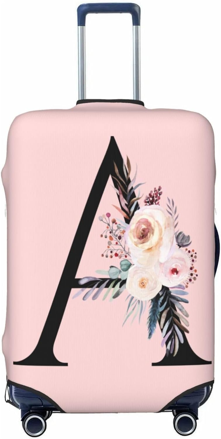 Spandex Travel Luggage Cover Cute Pink Suitcase Protector Bag,Black Letter A With Boho Floral Flowers Leaves Anti-Scratch,Dust-Proof Washable Suitcase Sleeve For Kid Adult,Xl (For 29-32 Inch Luggage)