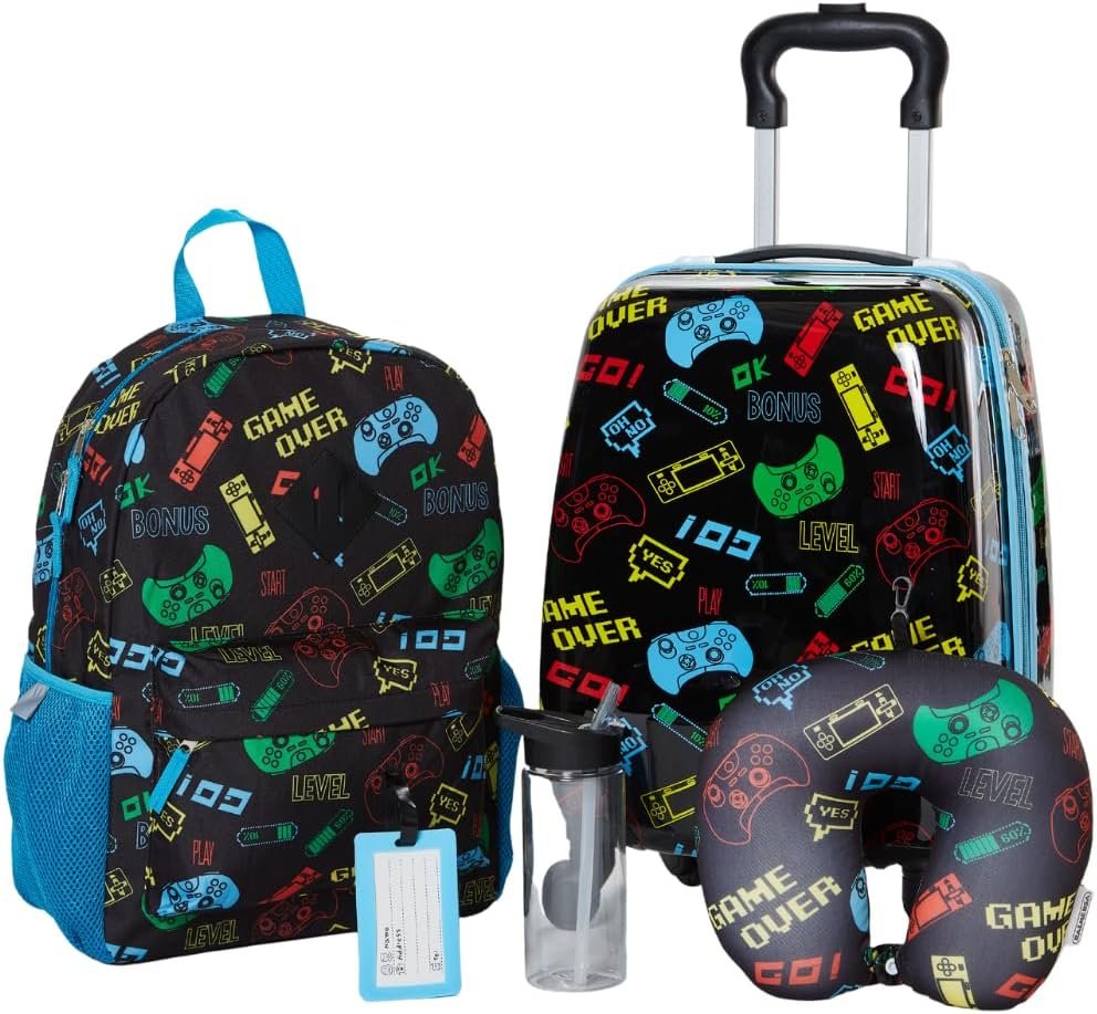 RALME 5 pc Boys’ Gaming Rolling Suitcase Set with Backpack, Neck Pillow, Water Bottle, and Luggage