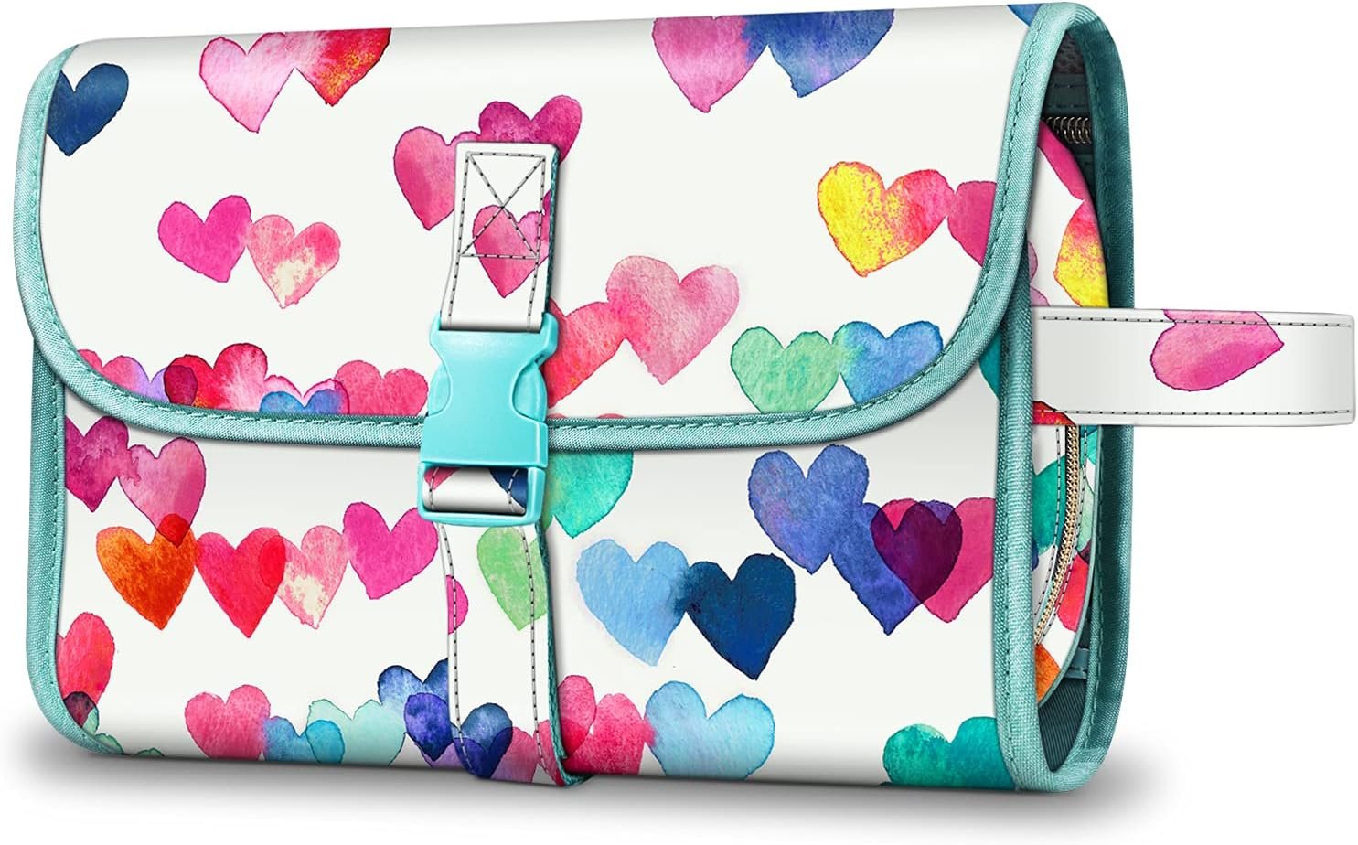 Fintie Portable Toiletry Cosmetic Travel Bag, Large Water Resistant Hanging Makeup Organizer Storage Pouch Case for Women Girls (Raining Hearts)