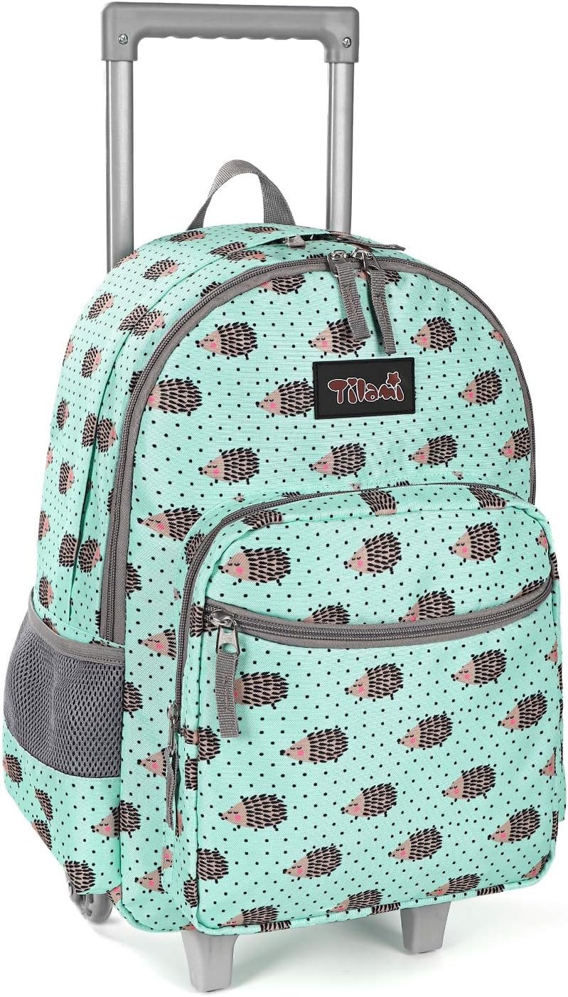 Tilami Rolling Backpack 18 inch Double Handle Wheeled Boys Girls Travel School Children Luggage Toddler Trip, Hedgehog