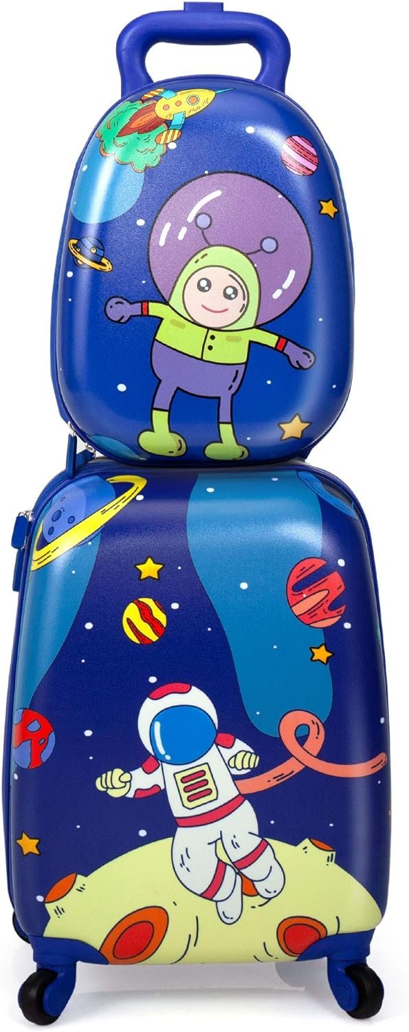Sandinrayli Kid Luggage Set, 12” Backpack & 16” Kid Carry on Suitcase with Spinner Wheels, Travel Rolling Luggage for Boy (Astronaut)