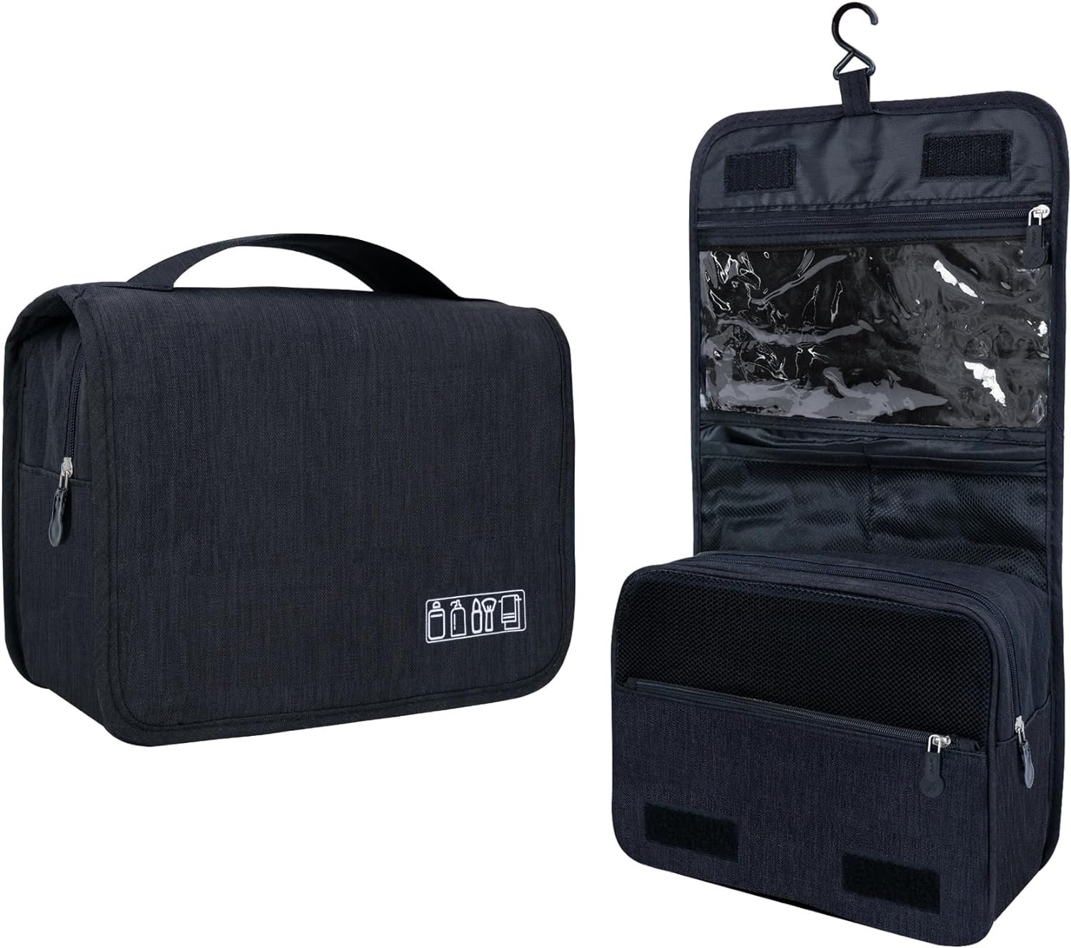 Large Capacity Toiletry Bag Travel Bag with Hanging Hook for Men and Women Waterproof Travel Cosmetic Bag Bathroom Storage Bag for Brushes Set,Mens Bathroom Bag Accessories-Black
