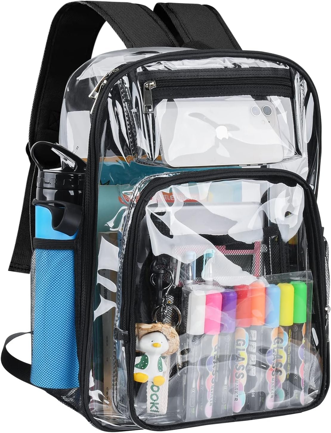 Clear Backpack, Large Heavy Duty PVC Transparent Backpack for Kids and Adults, See Through With Reinforced Straps Clear Bookbag for School, Sports, Work, Travel, black