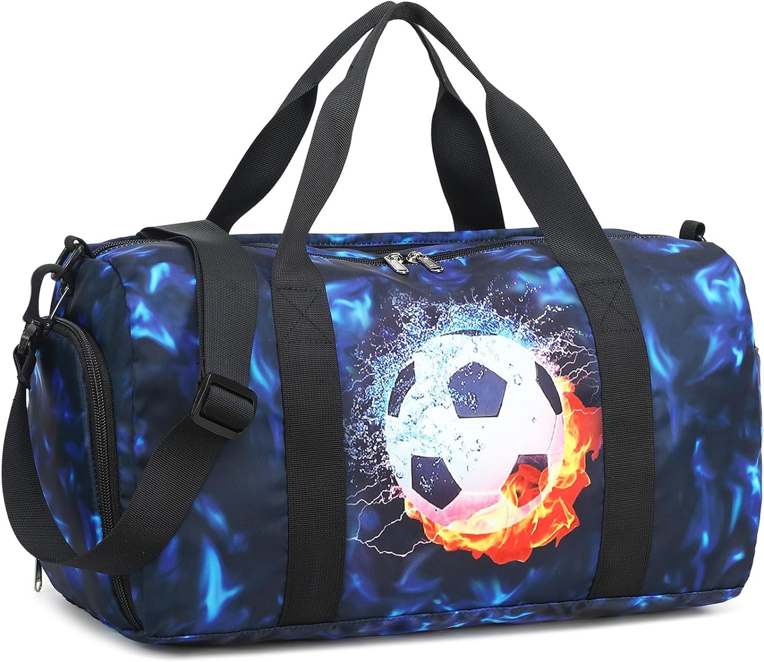 Kids Duffle Bag Boys Girls Overnighter Travel Sport Gym Bag Weekender Carry On Shoulder Bag with Shoe Compartment & Wet Pocket (Football Black Blue)