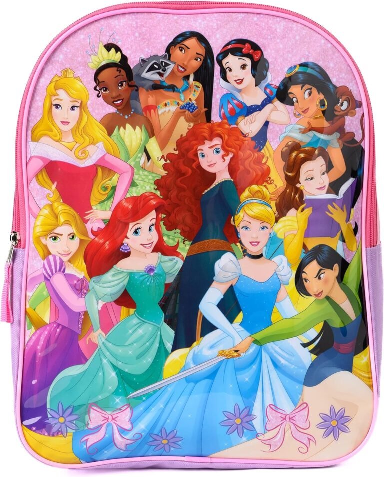 Disney 15″ Backpack Girls Princess Belle Ariel Jasmine Tiana Mulan Rapunzel Pink