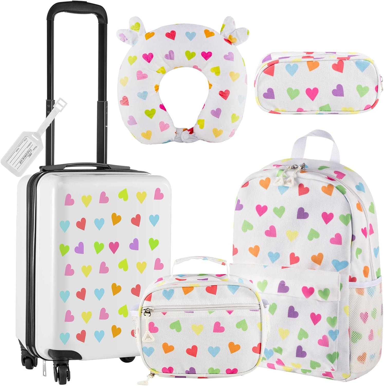 6 Pcs Kids Luggage Set 17 Inch Kids Rolling Luggage Gift for Christmas Kids Suitcase for Girls Boys Kids Suitcase(White, Love Style, Love Style)