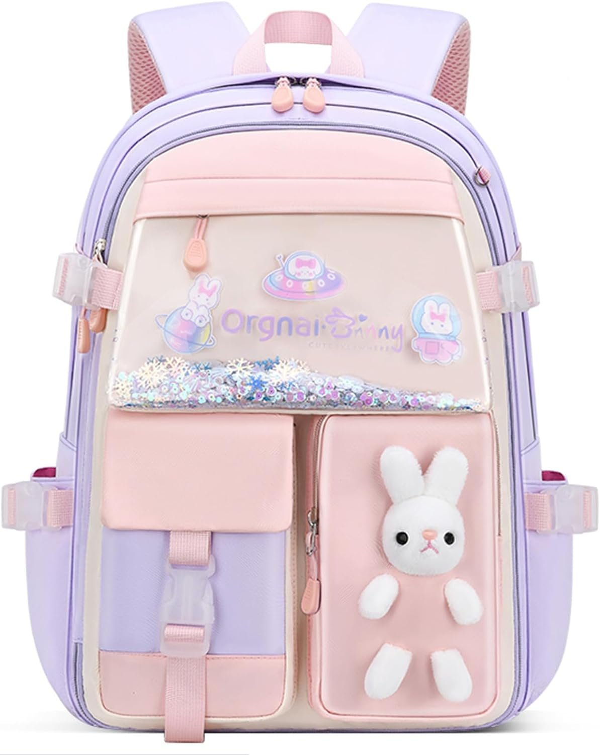 VIDOSCLA Bunny Girls Backpack for School Kawaii Kids Girls Book bags Cute Sequin School Bag for Girls