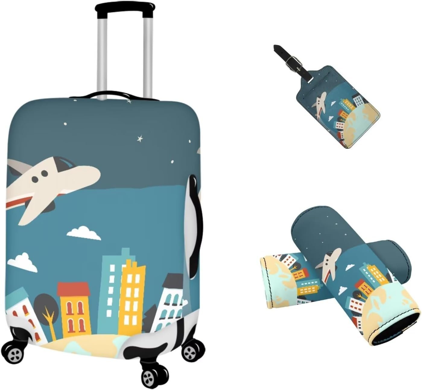 Cartoon Airplane Luggage Handle Wrap Cover for Girls Boys, for Luggage Suitcase Travel Bag, 4 Packs Cute Luggage Cover Sets Including Suitcase Cover Protector+Luggage Tag+Luggage Handle Wrap