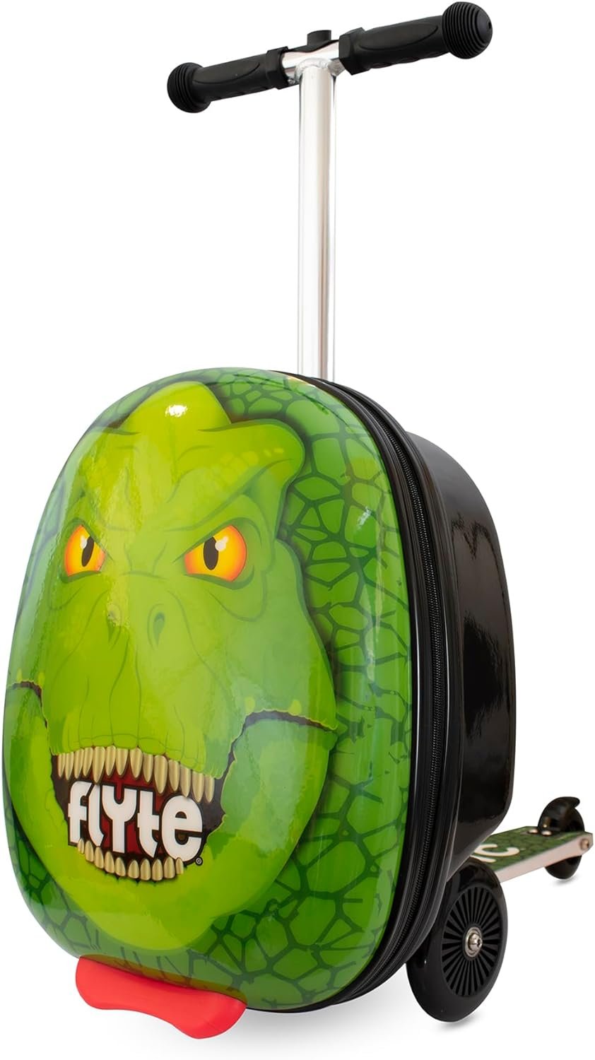 Flyte Scooter Suitcase Folding Kids Luggage - Darwin the Dino, 18 Inch Hardshell, Ride On with Wheels, 2-in-1, 25 Litre Capacity
