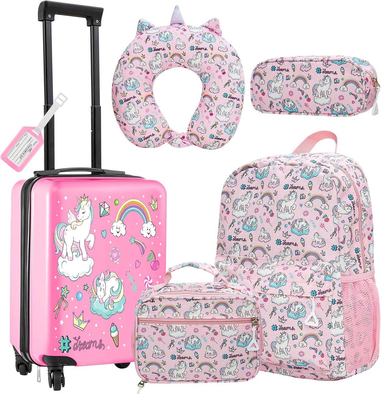 6 Pcs Kids Luggage Set 17 Inch Kids Rolling Luggage Gift for Christmas Kids Suitcase for Girls Boys Kids Suitcase(Pink, Unicorn)