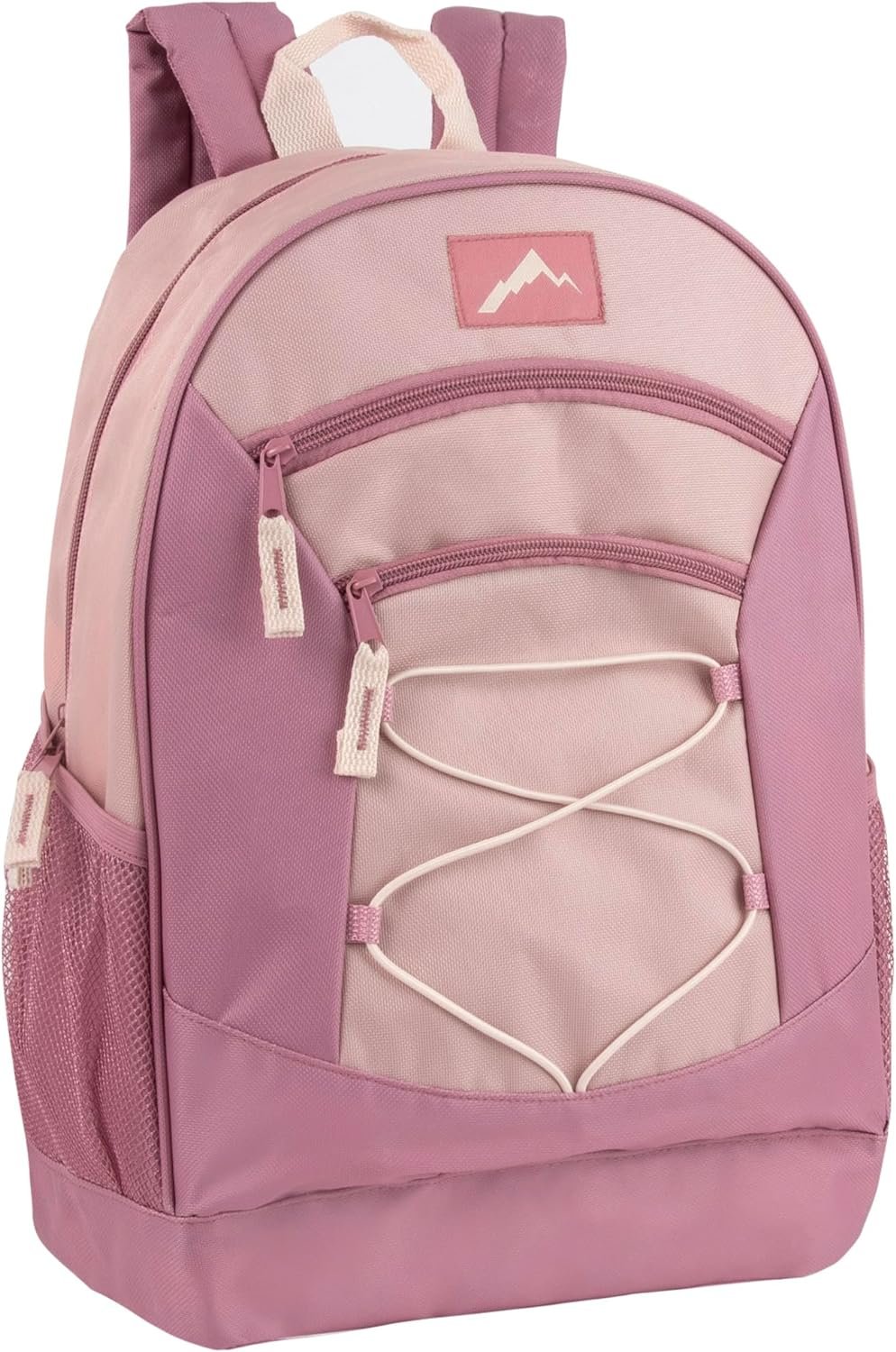 18 Inch Multicolor Multipocket Backpack with Bungee Cord Front for Kids for School, Clubs, Camp, and Travel (Light Pink)