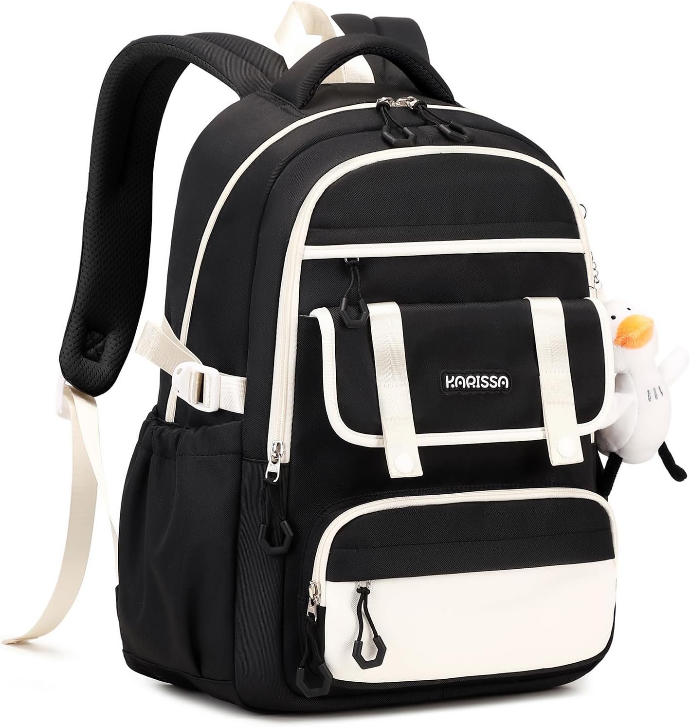 Girls Backpack for School Fashion Bookbag for Kids Teens 15.6 inch Laptop Daypack for Work Travel Black (with Duck Doll)