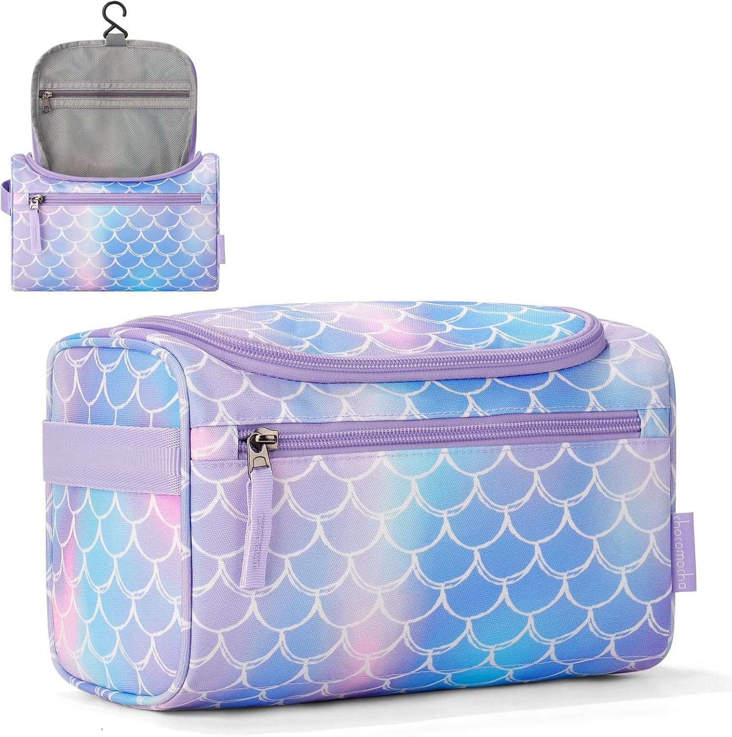 Choco Mocha Kids Mermaid Toiletry Bag for Girls, Travel Waterproof Hanging Toiletry Bag for Girls, Purple