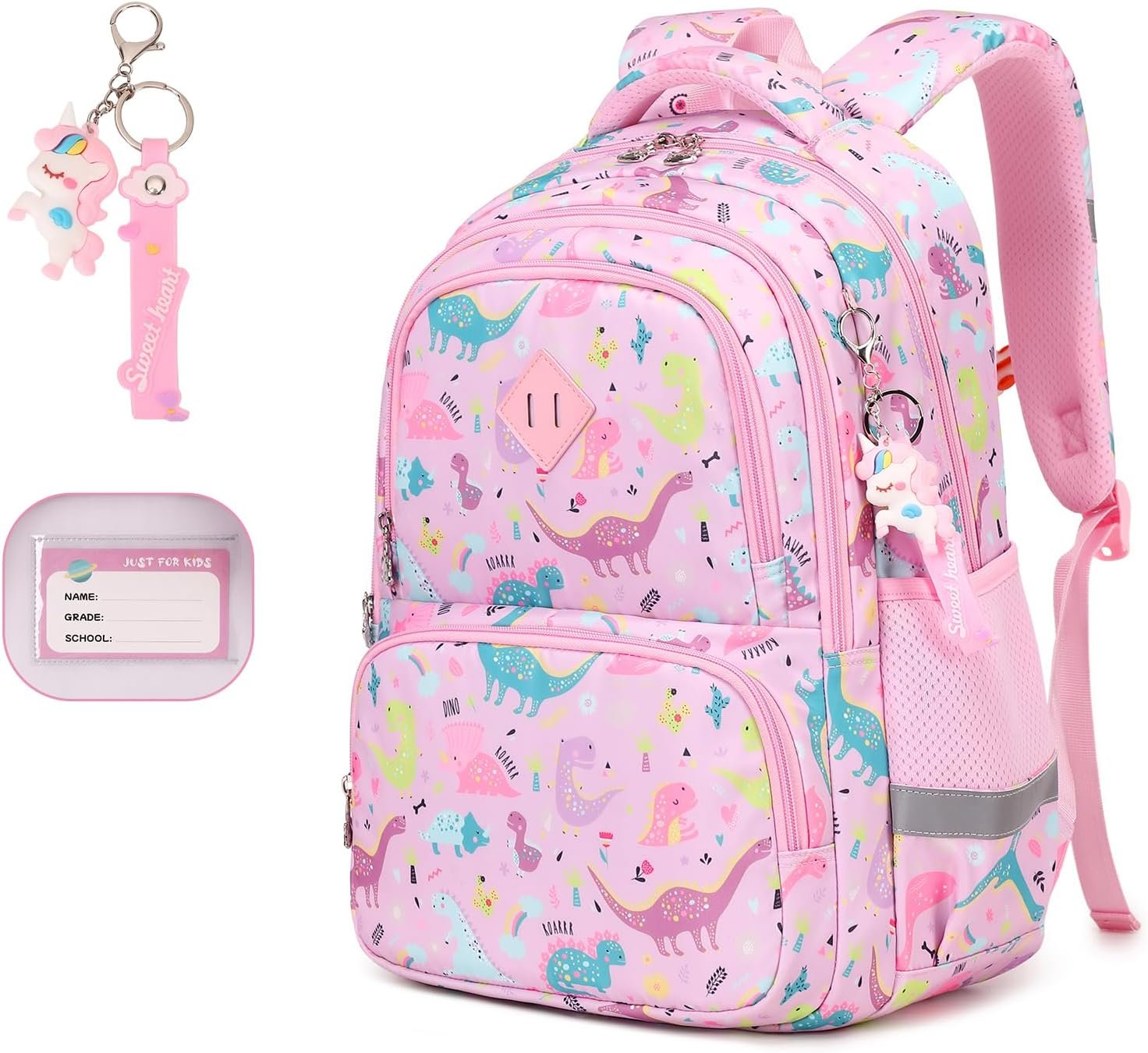 Kids Backpack, Kawaii Printed Girls Bookbags for Preschool, Lightweight School Backpack for Primary and Elementary and Kindergarten, Waterproof Teen Backpacks, Pink/Dinosaur