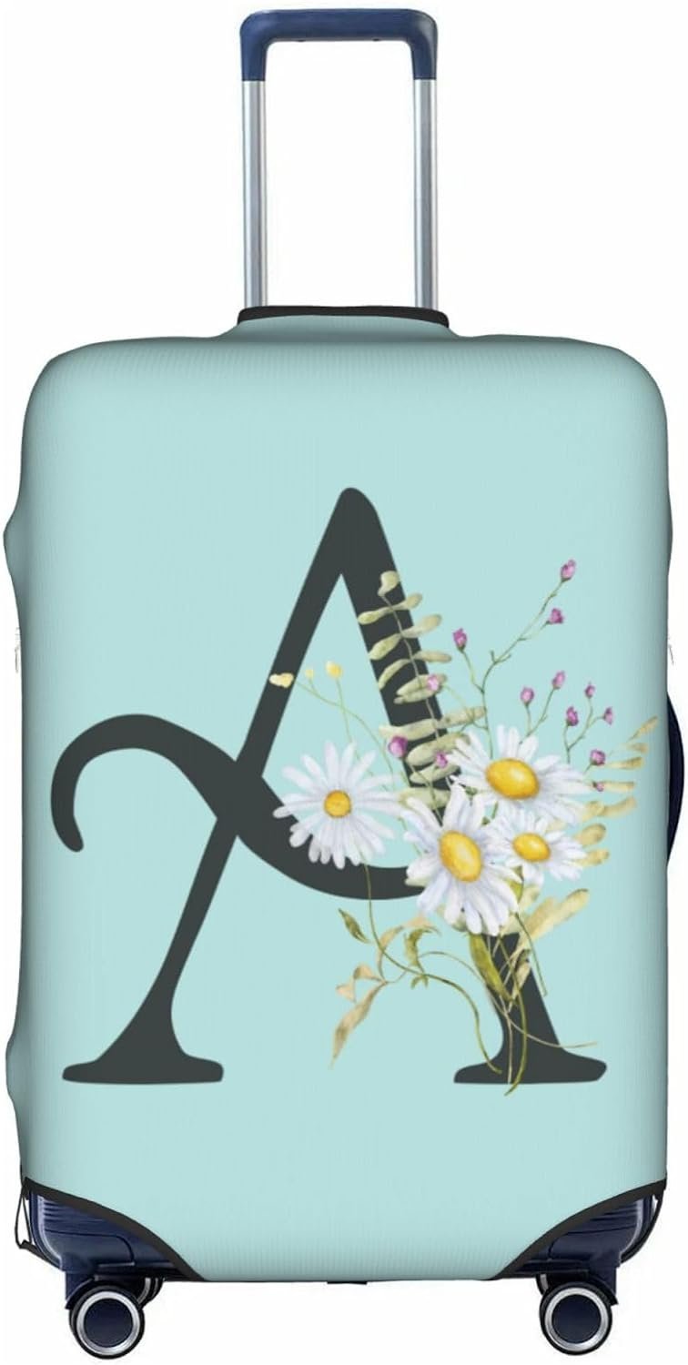 Travel Luggage Cover Elastic Blue Suitcase Protector Bag,Black Letter A Boho Floral Daisy Flowers Leaves Dust-Proof Washable Baggage Covers For Wheeled Suitcase Kid Adult,L (For 25-28 Inch Luggage)