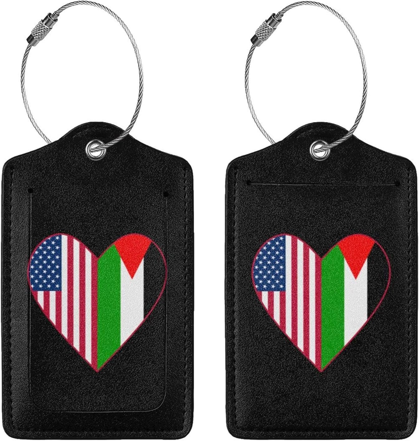 Half Palestine Flag Half USA Flag Love Heart Pu Leather Travel Bag Tag Rectangular with Privacy Cover Luggage Id Tag Carry-On Card for Friends Adult and Child Tourists Travel, 4 PCS, Black