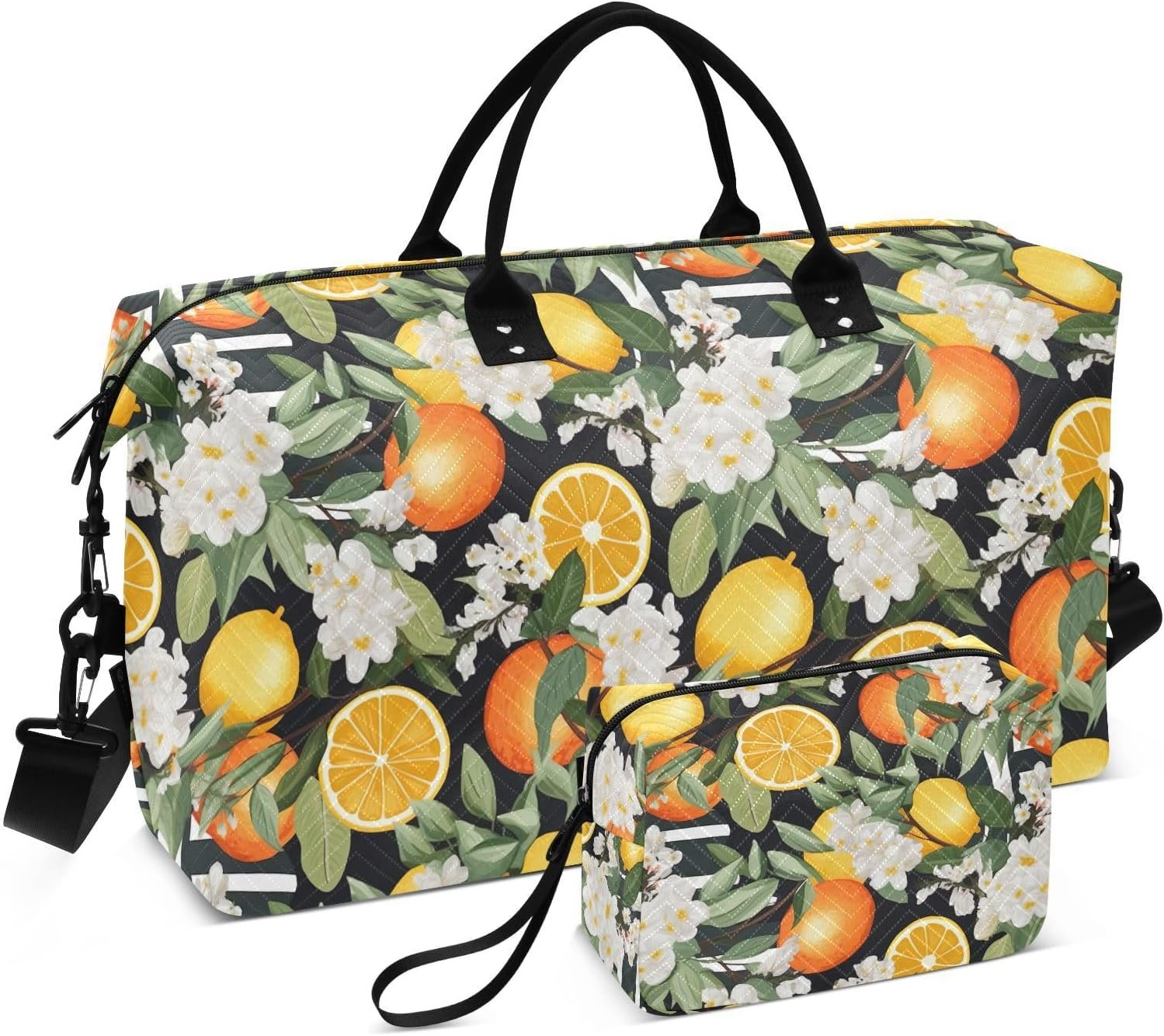 Lemons Flower Leave Stripe Travel Duffel Bags for Girls Boys 34L Weekender Overnight Bag with Toiletry Bag Luggage Bag with Comfort Handle for Travel Storage