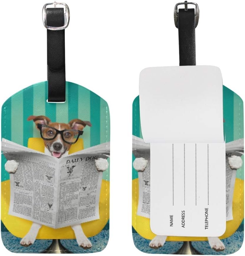 Luggage Tag Travel Suitcase Label ID Tag Pug Dog Reading Newspaper PU Leather for Baggage Kid's Bag 1 Piece