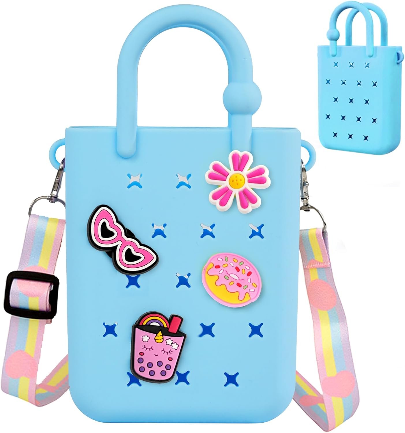 Oudizz Mini Rubber Tote Bag, Silicone Beach Tote for Little Girl & Woman, Cute Bag with 20 Charms & Adjustable Shoulder Strap