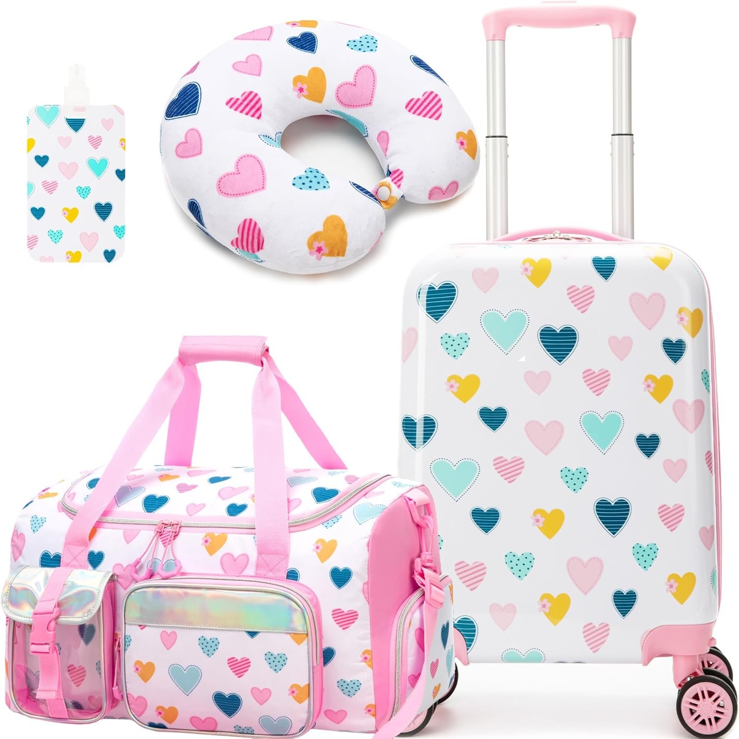 Kid's Luggage Set 3 Piece Suitcase Set 16" Hardside Luggage with Spinner Wheels Girls Carry on Toddler Travel Rolling Suitcase with Duffle Bag Neck Pillow Airline Approved