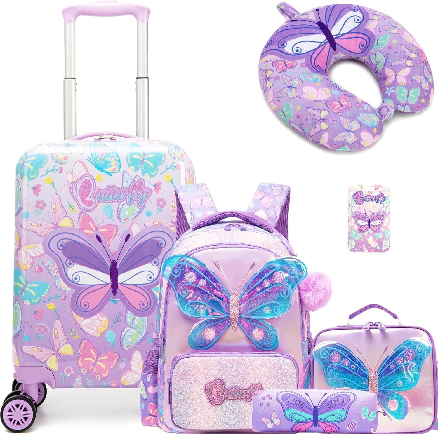Kid's Luggage Set 5 Piece Suitcase Set 16" Hardside Luggage with Spinner Wheels Girls Carry on Toddler Travel Rolling Suitcase with Neck Pillow Airline Approved