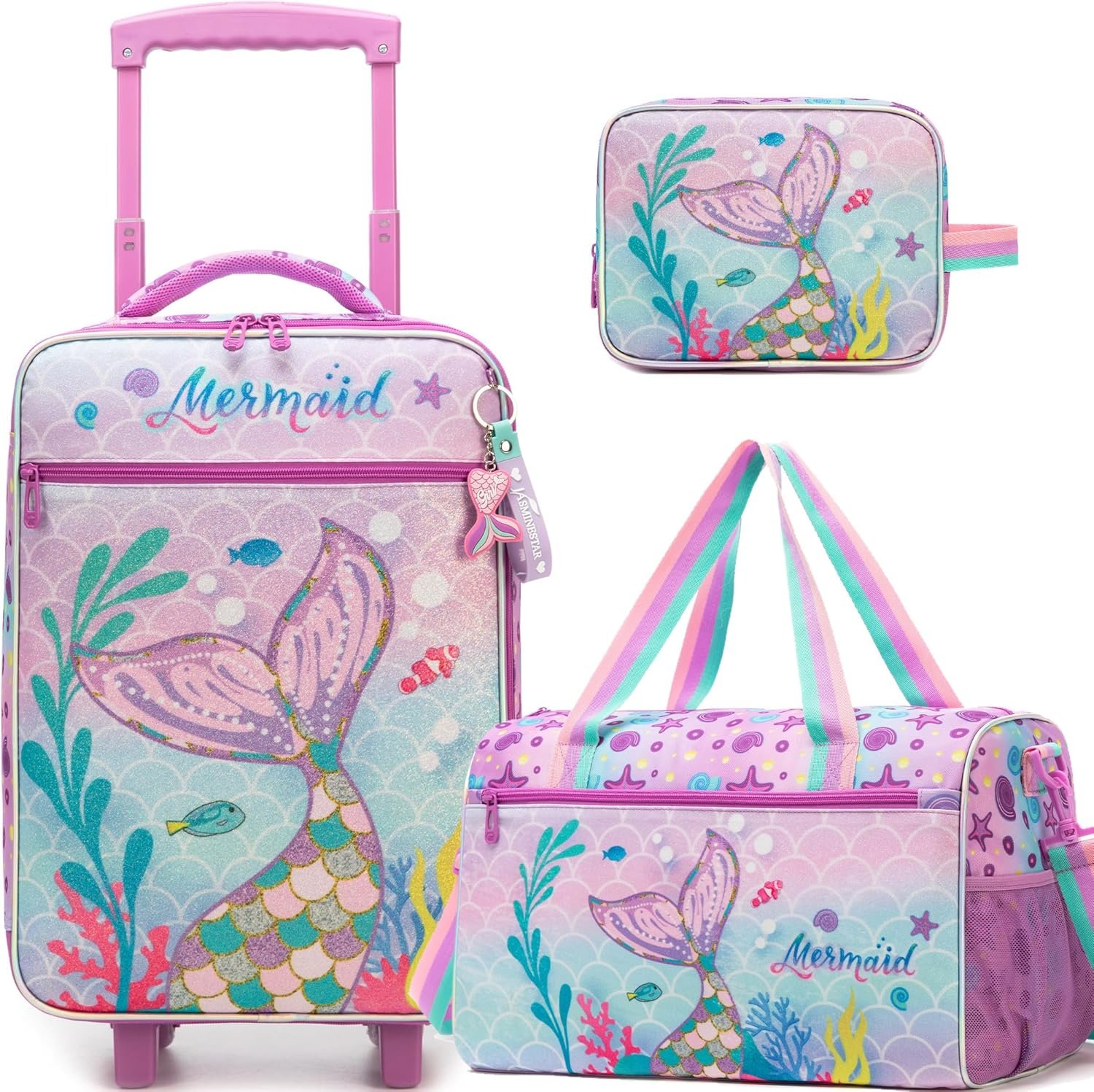 Kids Luggage Set with Wheels Girls Cute Mermaid Travel Softside Suitcases 16" Carry on Suitcase with Duffle Bag Girls Luggage Sets Airline Approved