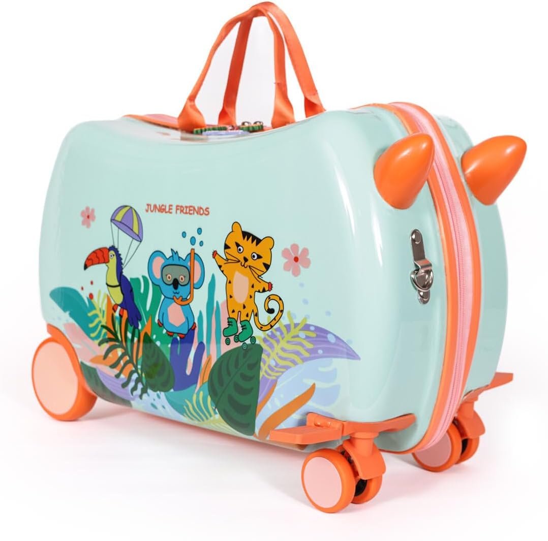 MILK&MOO Rideable Kids Suitcase Jungle Friends, Fun and Safe, Durable, Spacious and Ergonomic Design, 360° Swivel Wheels, for Children Aged 2-6 Years, 21 L, Maximum Riding Weight 50 kg / 110 Lb