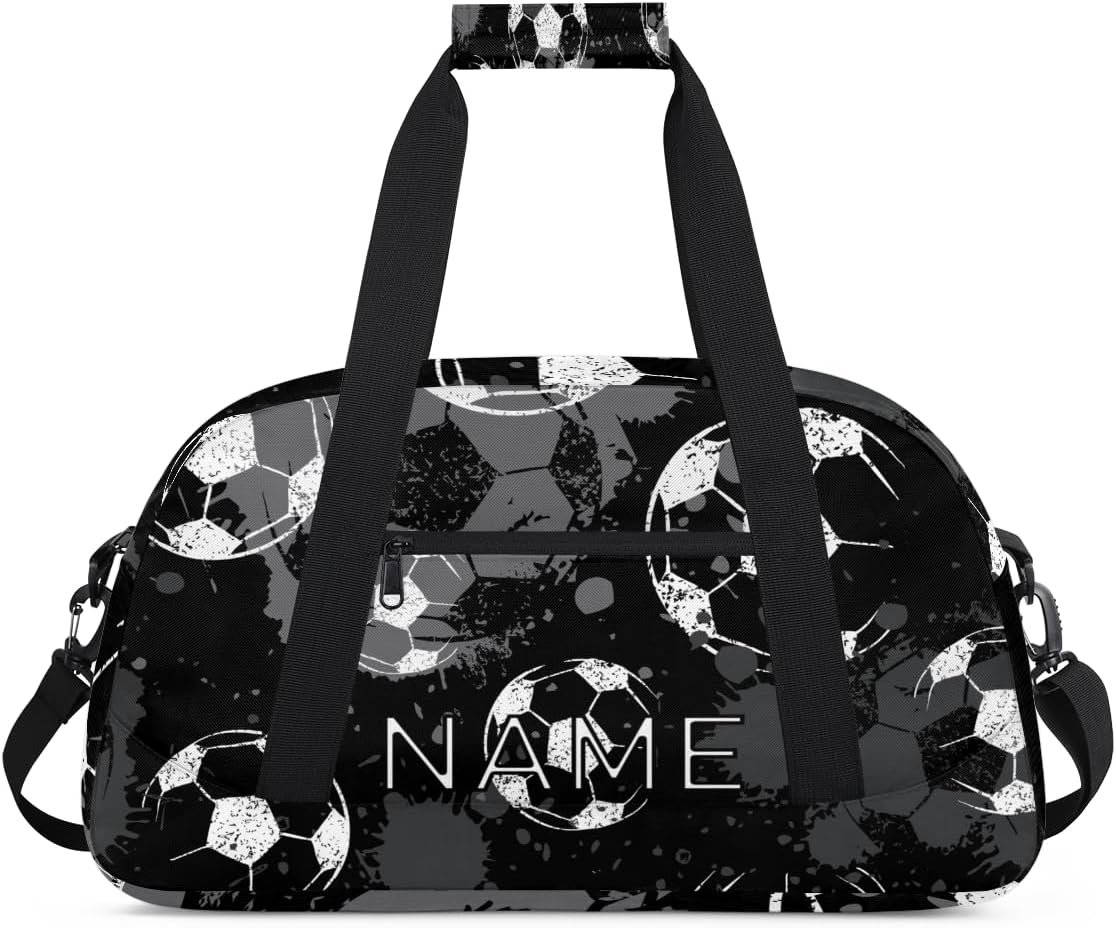 Personalized Kids Duffel Bag for Girls Boys Traveling Football Soccer Pattern Small Sport Gym Bag Custom Overnight Weekender Tote Bag Carry on Teen Dance Bag for Gymnastic Ballet