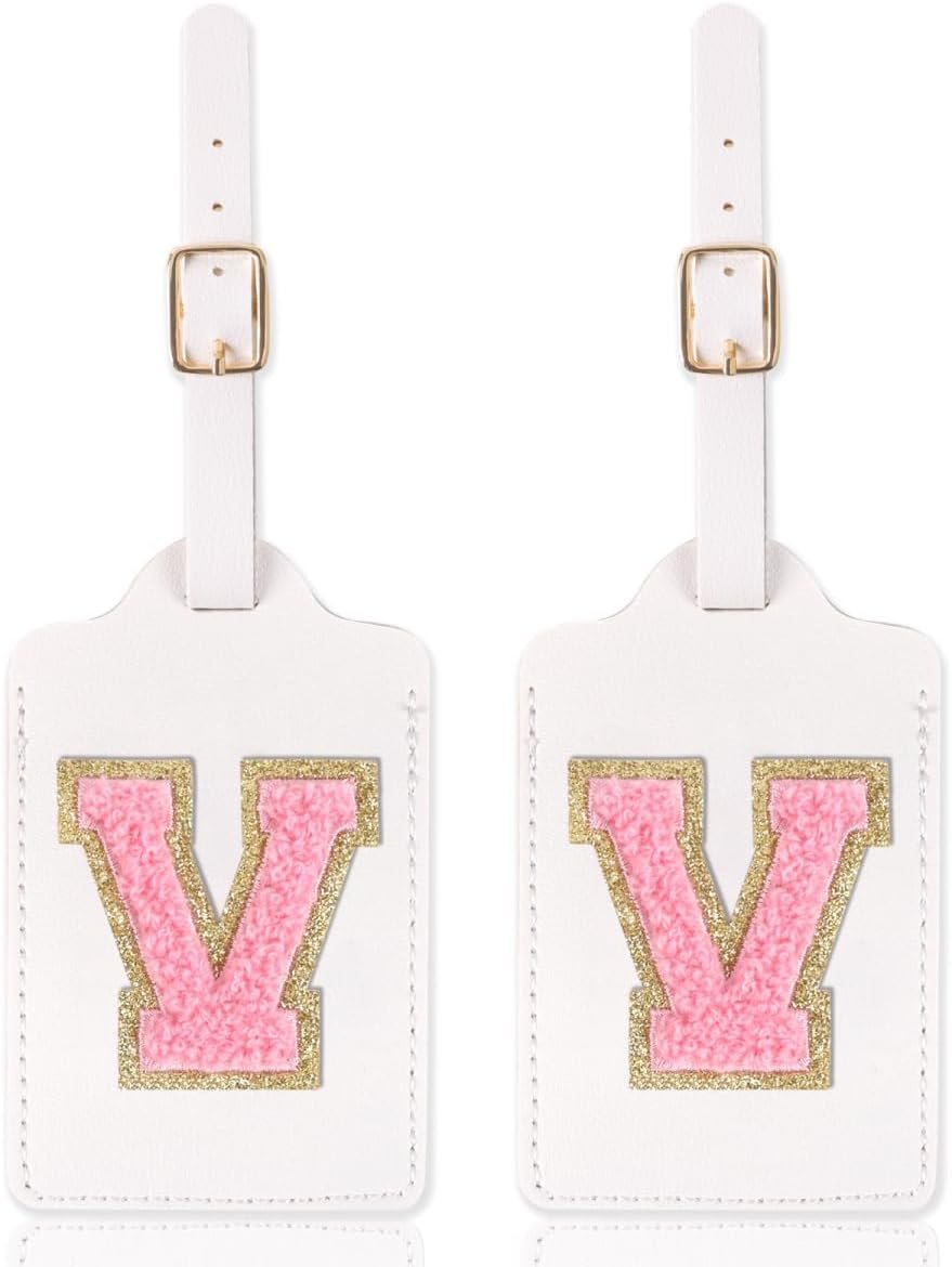 2 Pack Personalized Initial Luggage Tags for Suitcases with Chenille Letter, Cute Leather Luggage Tag Monogrammed Tags for Baggage Bag Travel Gifts for Women Kids Teens(White_V)