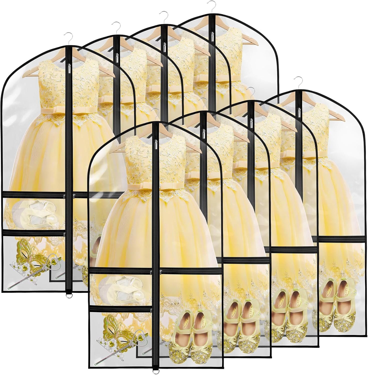 Zilink Kids Dance Costume Garment Bag for Dance Competitions 40" Costume Garment Bags for Dancers Cheer Uniform Garment Bags for Travel with 3 Clear Zipper Pockets，Set of 8(Clear/Black)