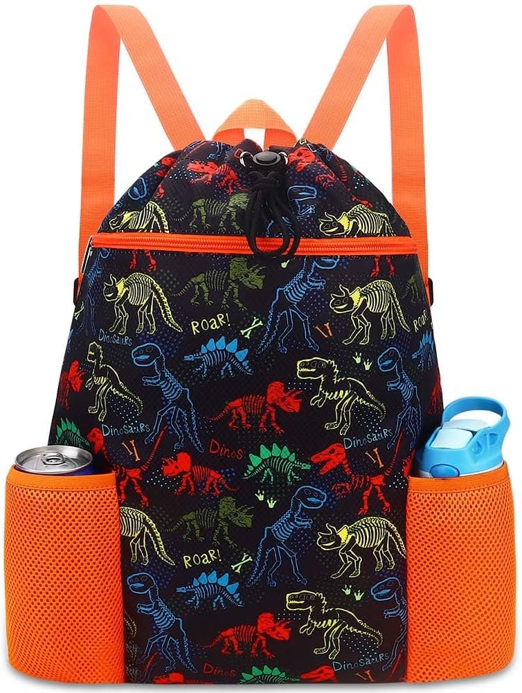 RHCPFOVR Dinosaur Drawstring Backpack for Kids - Drawstring Bags for Girls Swim Bag for Beach Swimming Pool Lightweight Draw String Bags Waterproof Sports Gym Bag With Two Water Bottle Holder