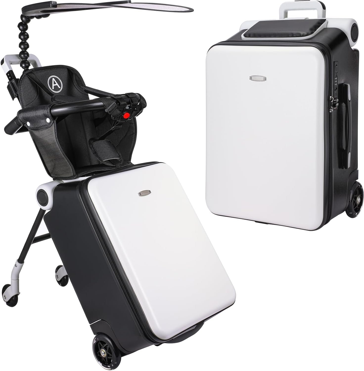 Carry on Luggage with Seat for Kids Expandable Ride on Suitcase with Spinner Wheels and Locks for Travel (White)