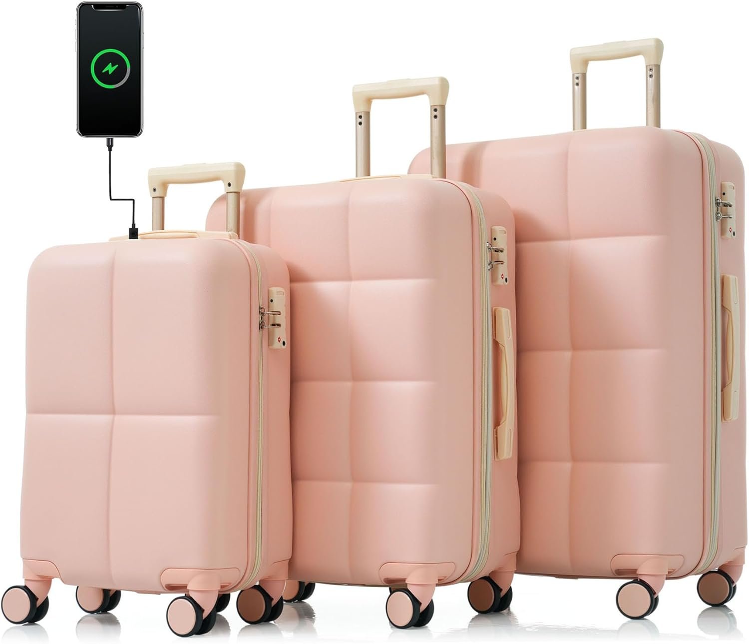 Hardshell Luggage Sets 3 Piece, Pink Luggage Set with Spinner Wheels, Carry on Suitcase for Girls Women, Charger USB Port, Cup Holder, Hook, Lightweight, 20”/24”/28”
