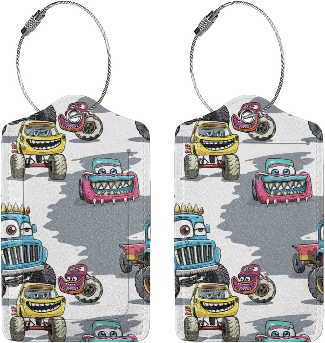 2 Pack Funny Cartoon Truck Colorful Monster Car Luggage Tags for Suitcases, Leather Baggage Tag with Loop, Funny Cool Name Id Card Cover Travel Bag Labels Set for Women Men Boys Girls Kids
