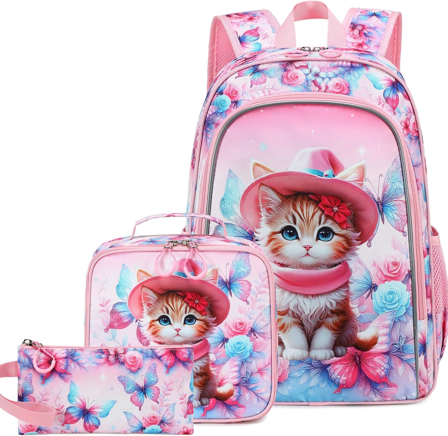 AO ALI VICTORY 3 Piece Backpack Set for Girls Boys, Kids 15.6" School Laptop Bag,Girl Bookbag Kindergarten Elementary Toddler Backpacks with Lunch Box Pencil Case for Teens Student,Kawaii Cat