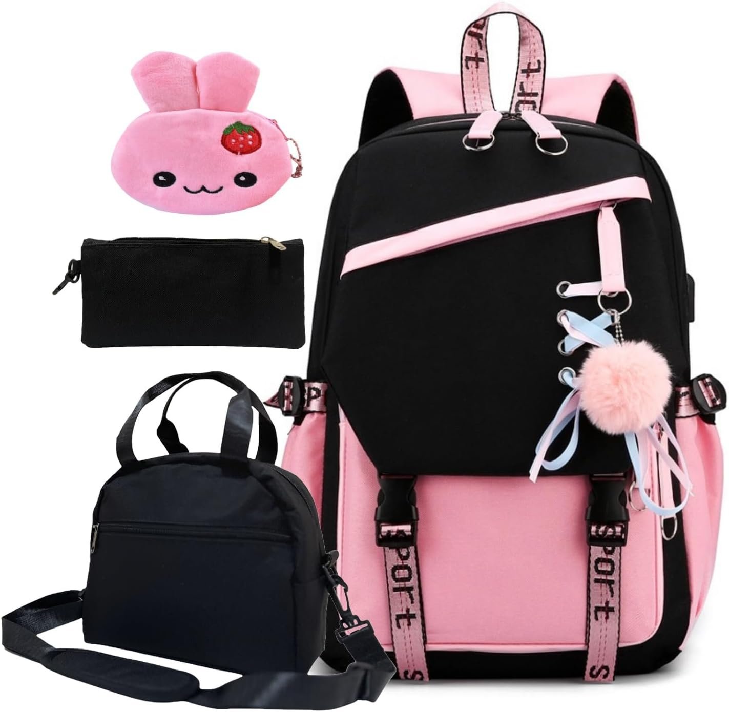 4 Pcs Girls School Backpack Kids Bookbag with Lunch Box and Case,17 Inch Teen Girls Boys Pink Backpacks for Primary Middle School