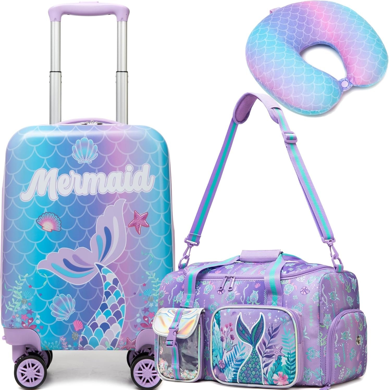 3-Piece Luggage Set: 16'' Hardside Spinner Wheels Kids Carry On Suitcase, Duffle Bag, Neck Pillow & Free Luggage Tag - Pink, Mermaid Pattern