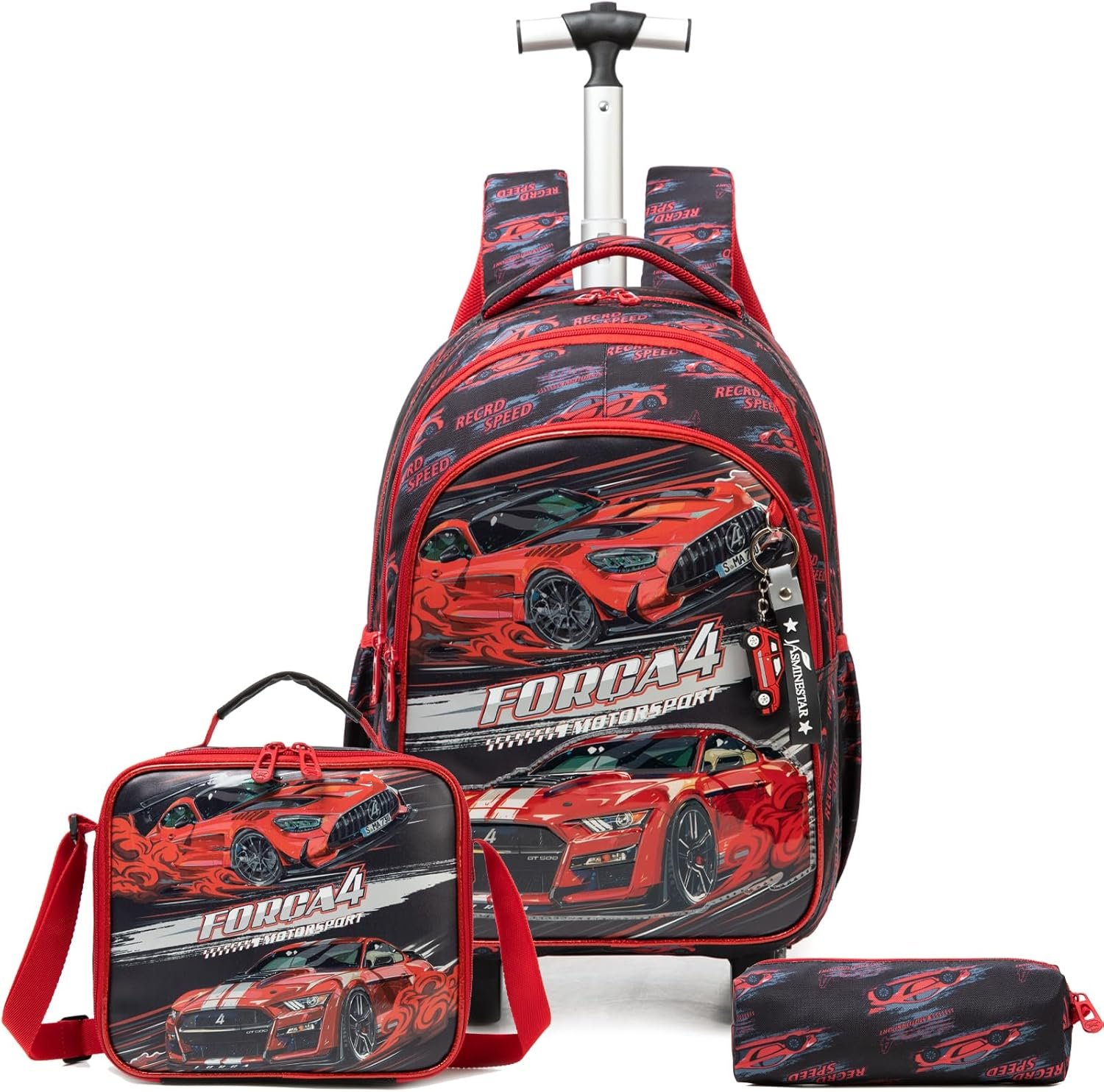Egchescebo Kids Rolling Cars Backpack for Boys Trolley Suitcases Luggage Travel with Wheels Bookbag Wheeled 17" 3PCS Roller Backpacks Toddler Tote Bag Back Pack School Bags Set Elementary Red