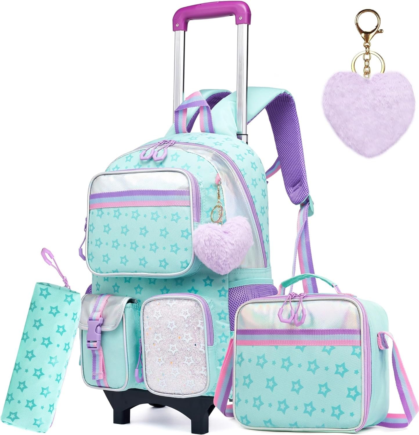 Backpack with Wheels for Girls Rolling Backpack with Lunch Box Pencil Case for Kids Carry On Suitcase with Wheels for Elementary Teens Girls
