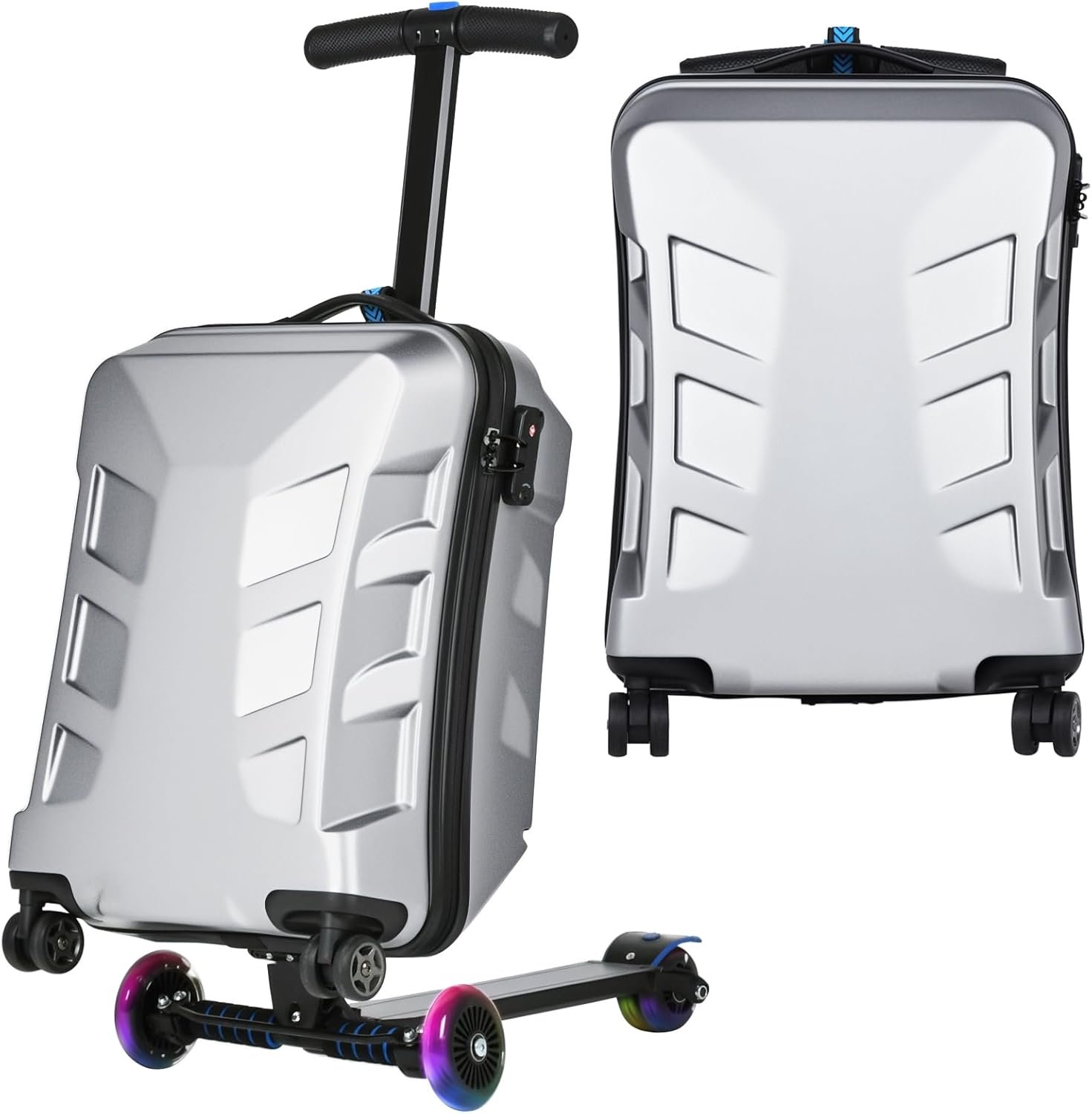 Scooter Suitcase for Kids & Adults，3-D Hardshell Ride On Scooter Luggage with Led Light Up Wheels，TSA Lock，Lightweight Foldable Carry On Rideable Suitcase for Children Teenagers (Silver, 21-inch)