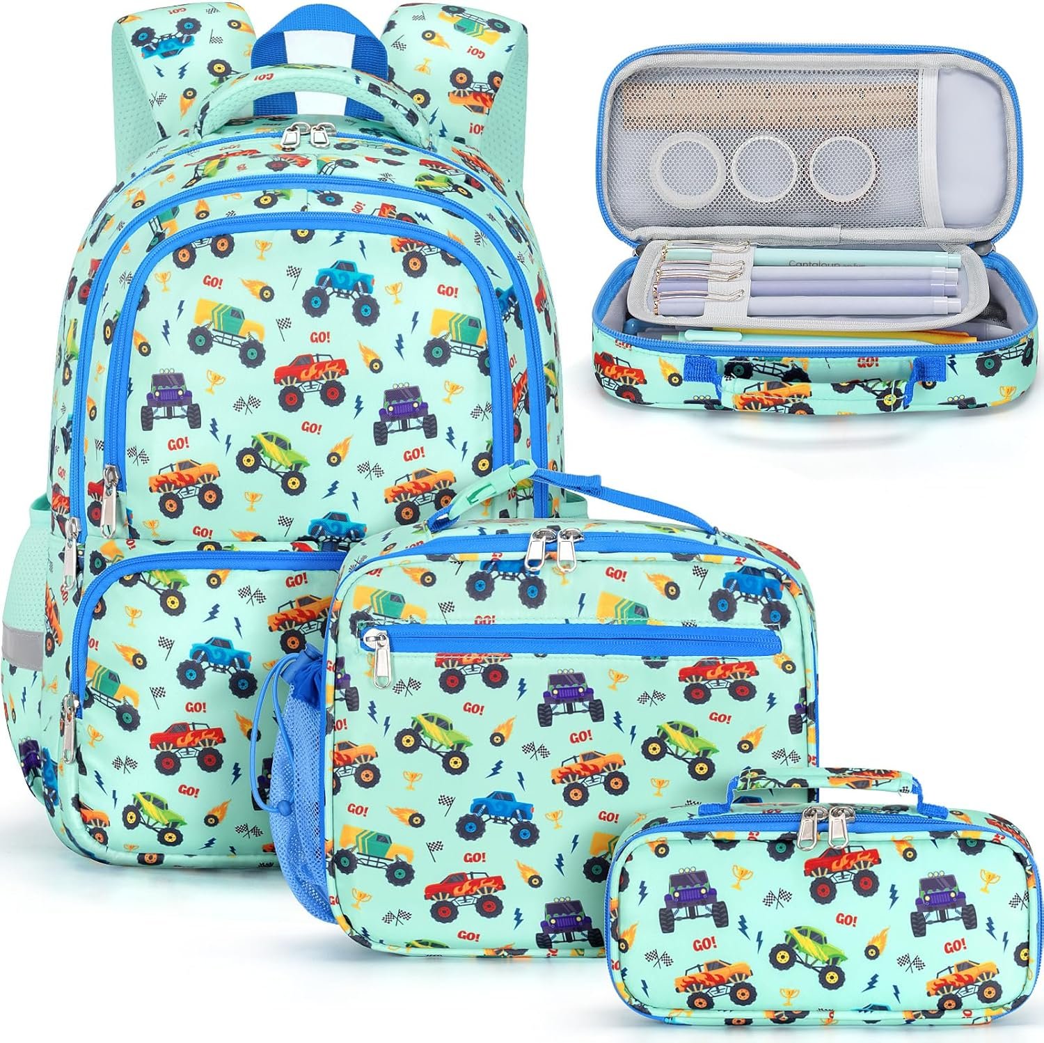 Fimibuke Kids Backpack Set for School Boys, 3-in-1 Waterproof Toddler School Bag Bookbag Set with Lunch Box & Pencil Case, Monster Truck Pattern, Ages 3-12