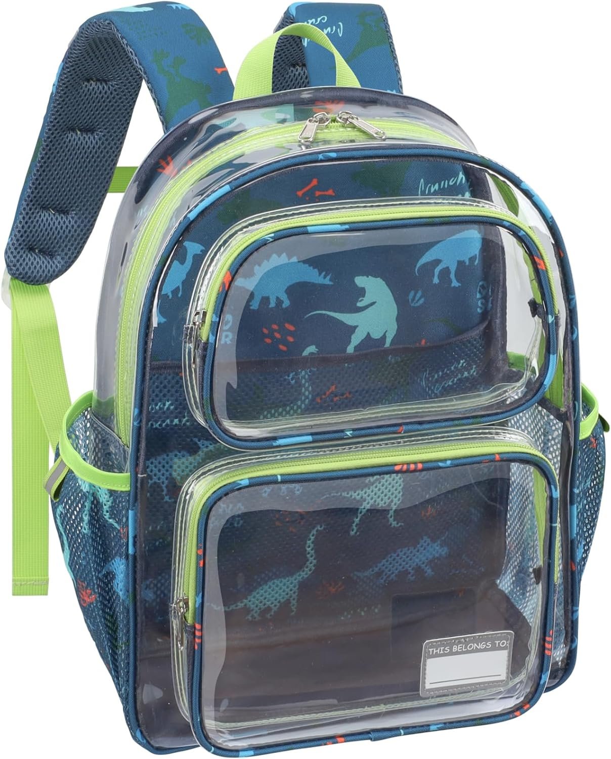 Bagseri Clear Backpack for Kids - 15 Inch Clear Bookbag for Boys Aged 3 to 8 Heavy Duty Transparent Backpack for School, Safe Reflective Strip, Cute Fabric Back Panel, Green Dinosaur