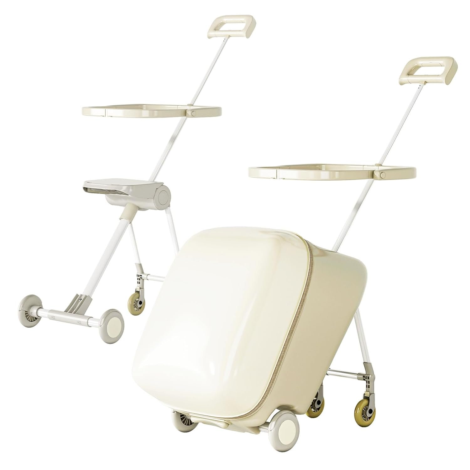 TABU 2-in-1 Ride-On Suitcase for Kids, Carry-On Luggage with Detachable Seat with Spinner Wheels, Lightweight & Large Capacity, Safety Belt, Luggage Doubles as Stroller for Travel, Beige White