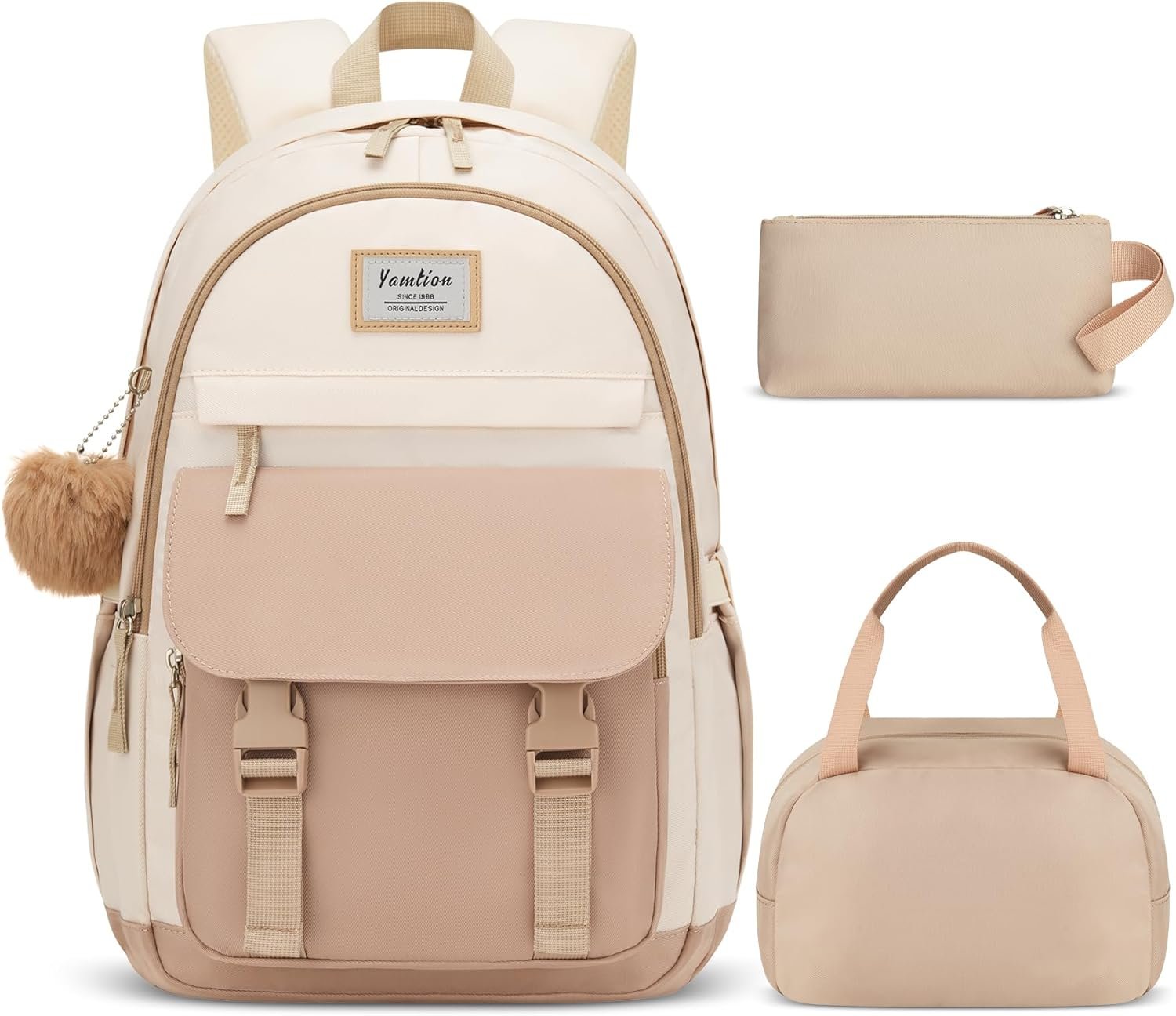 YAMTION School Backpack 3PCS for Teen Girl and Women,Cute Bookbag 15.6 Inch Kawaii Daypack Sets with Lunch Bag Pencil Case Set for Middle High School Collge Students